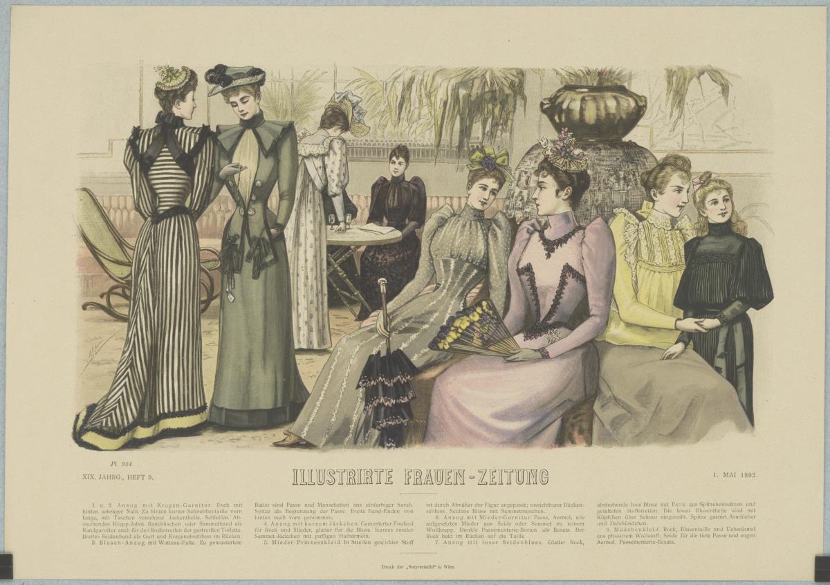Illustrirte Frauen-Zeitung: fünf Anzüge für Damen, ein Mieder-Prinzesskleid und ein Mädchenkleid