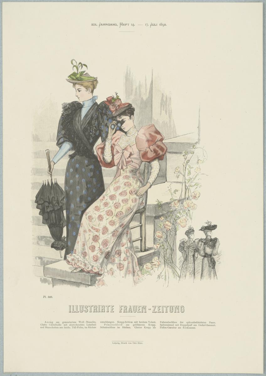 Illustrirte Frauen-Zeitung: Anzug mit Gürteltaille und Prinzesskleid