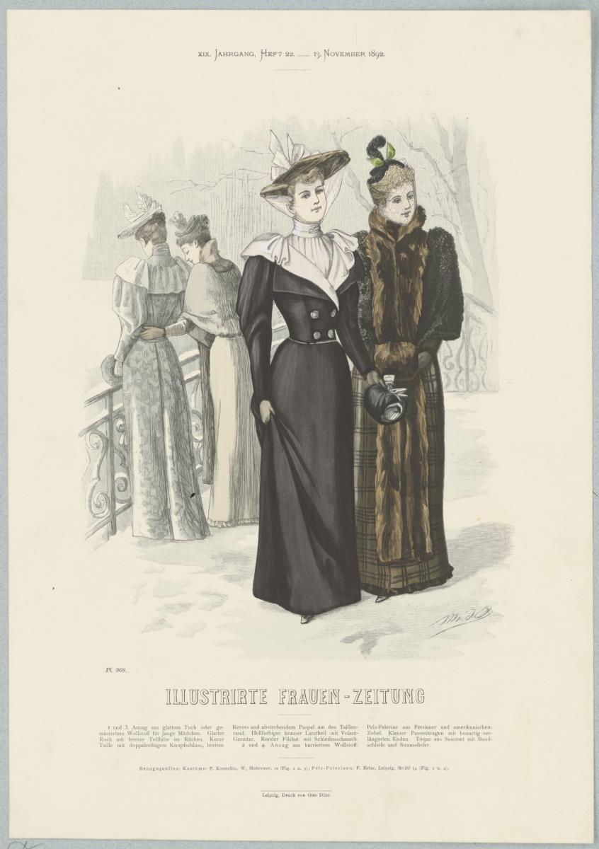 Illustrirte Frauen-Zeitung: Anzug mit kurzer Taille und Anzug mit Pelz-Pelerine