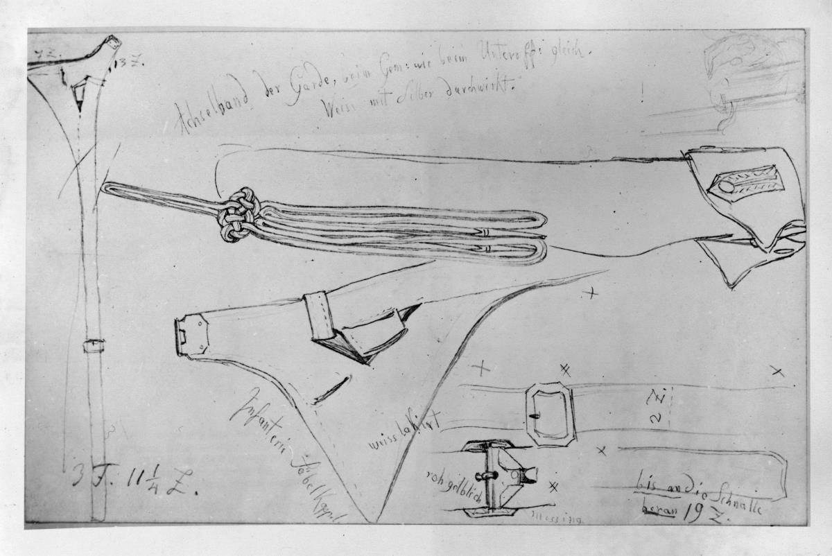 Achselband der Garde, Infanterie-Säbelkoppel und Schnallen mit Notizen
