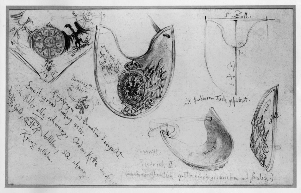 Ringkragen mit Armatur des Offiziers aus der Zeit Friedrich Wilhelms I. in fünf Studien mit Notizen und Maßangaben