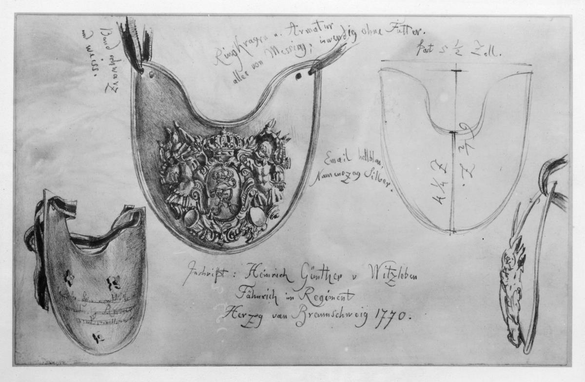 Ringkragen mit Armatur des Offiziers aus der Zeit Friedrich Wilhelms I. in vier Studien mit Notizen und Maßangaben
