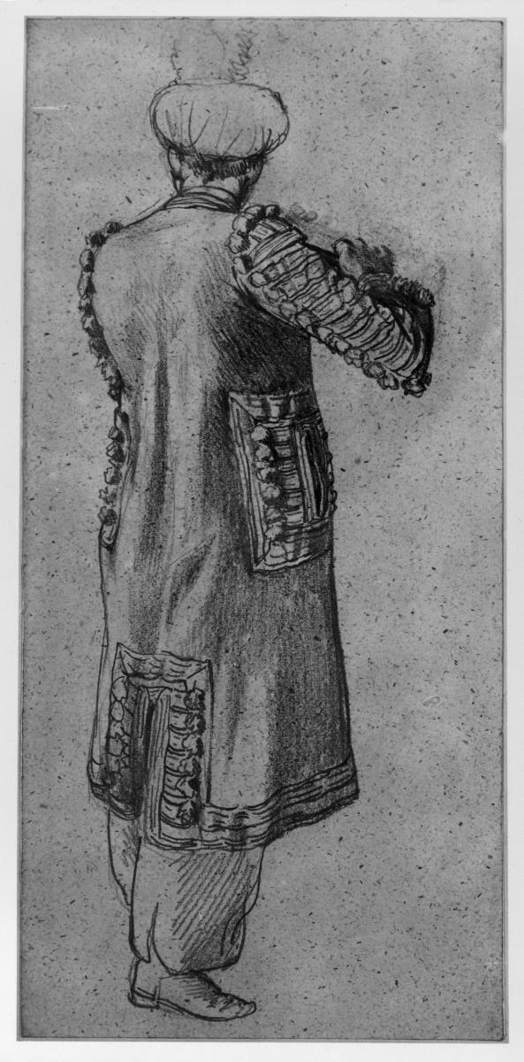 Janitschar von der Artillerie die Flöte blasend, rückenansicht