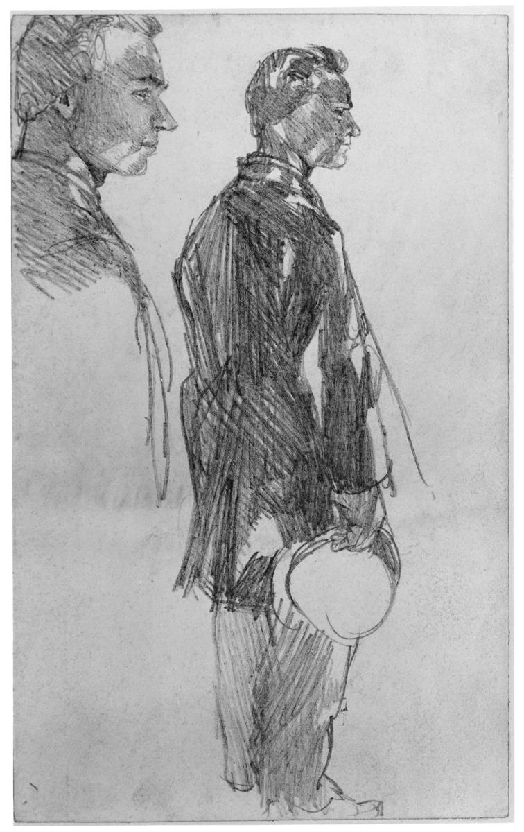 Stehender mann mit Hut in der Hand, zwei Studien