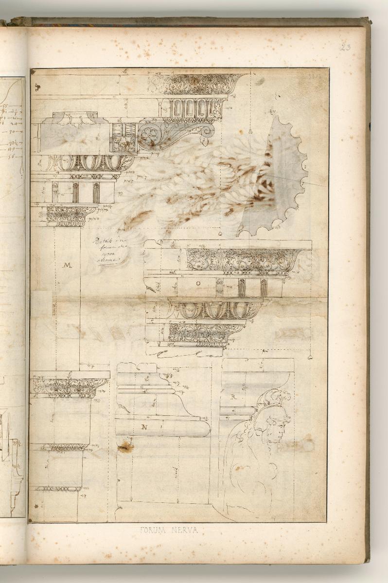 Rom, Nerva Forum, Umfassungsmauern, Schnitt durch Säule und Gesims-Details, Profil einer Figuren-Nische; Verso: Grund-und Aufriss eines Jochs der Umfassungsmauern, Kapitell