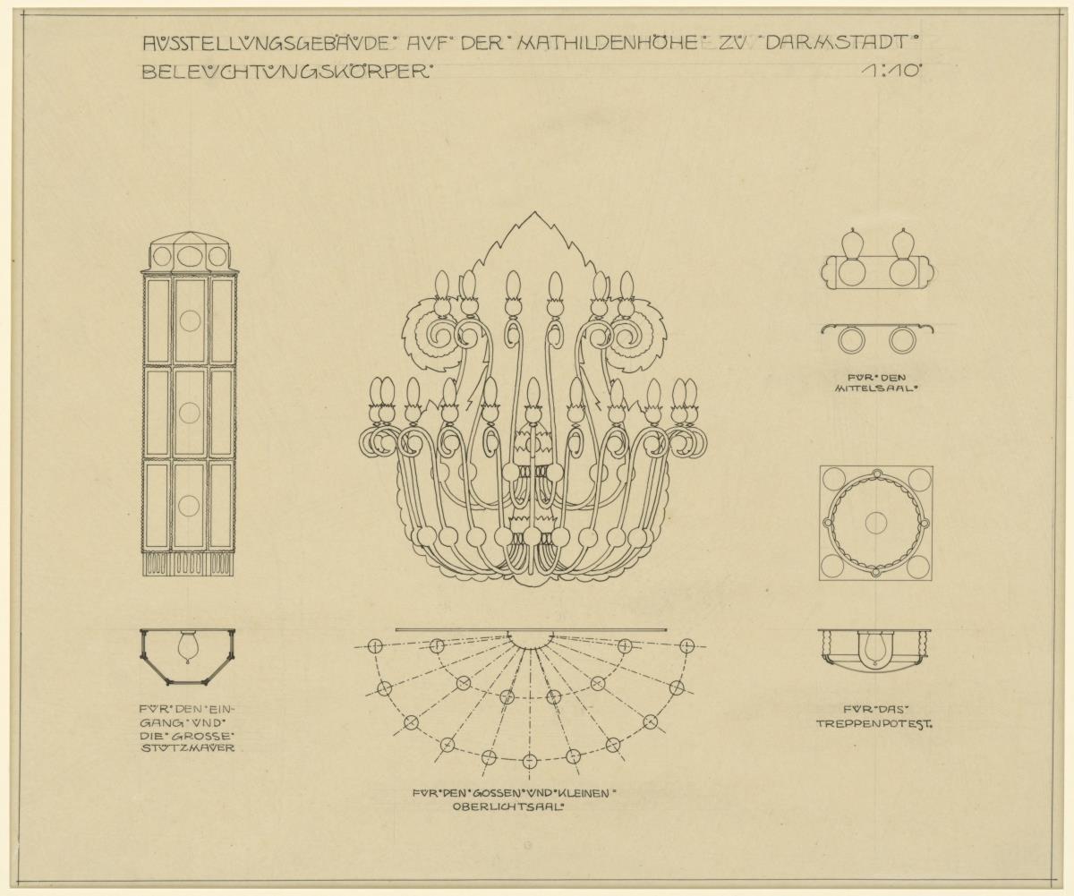 Darmstadt, Ausstellungsgebäude und Hochzeitsturm, Grundrisse und Aufrisse vier verschiedener Beleuchtungskörper