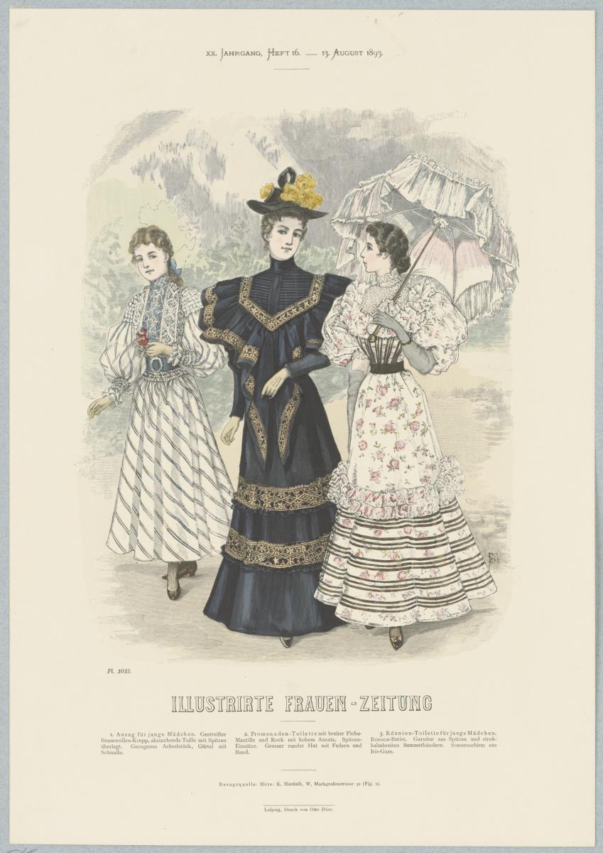 Illustrirte Frauen-Zeitung: Anzug für junge Mädchen, Promenaden-Toilette und Réunion-Toilette