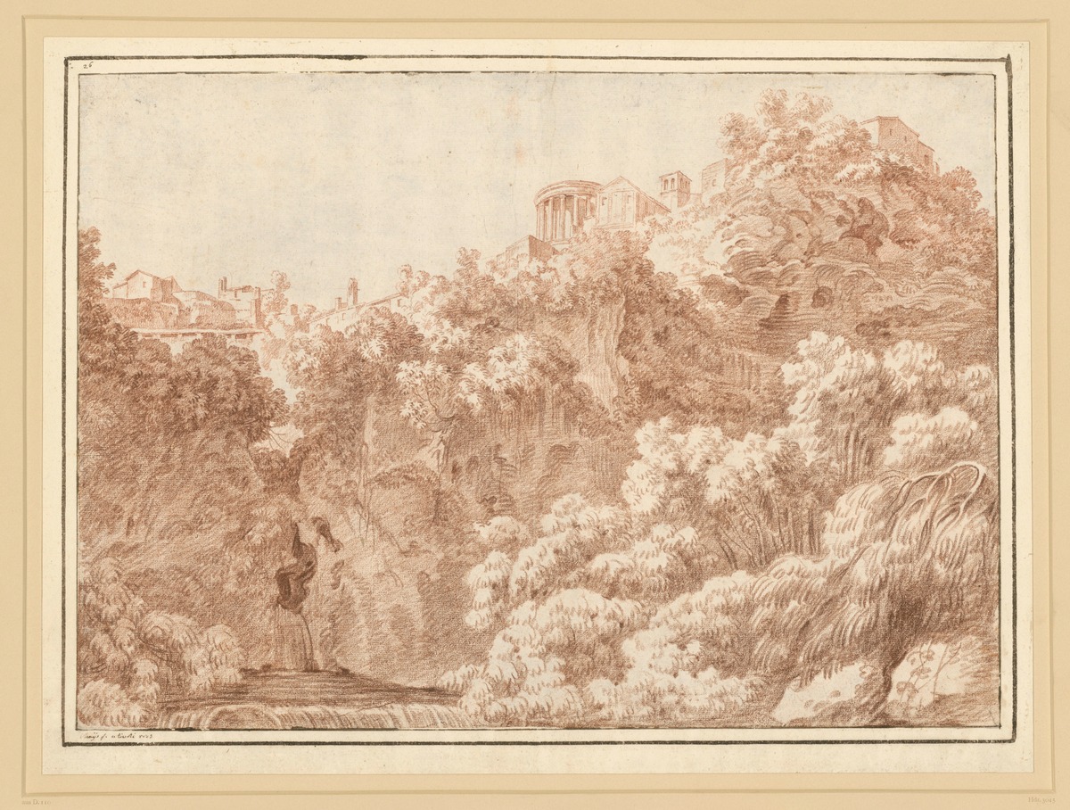 Landschaft mit Wasserfall und Rundtempel in Tivoli, Italien