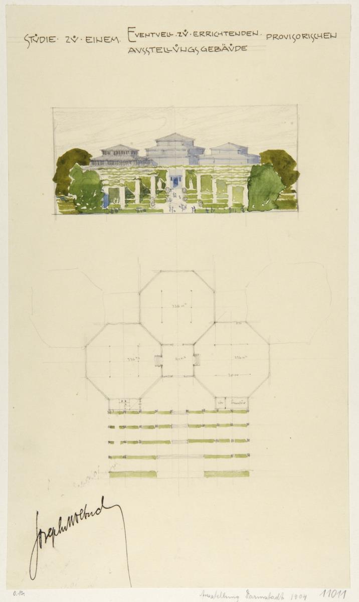 Darmstadt, Projekt provisorisches Ausstellungsgebäude für die Künstlerkolonie Ausstellung, Perspektive und Grundriss