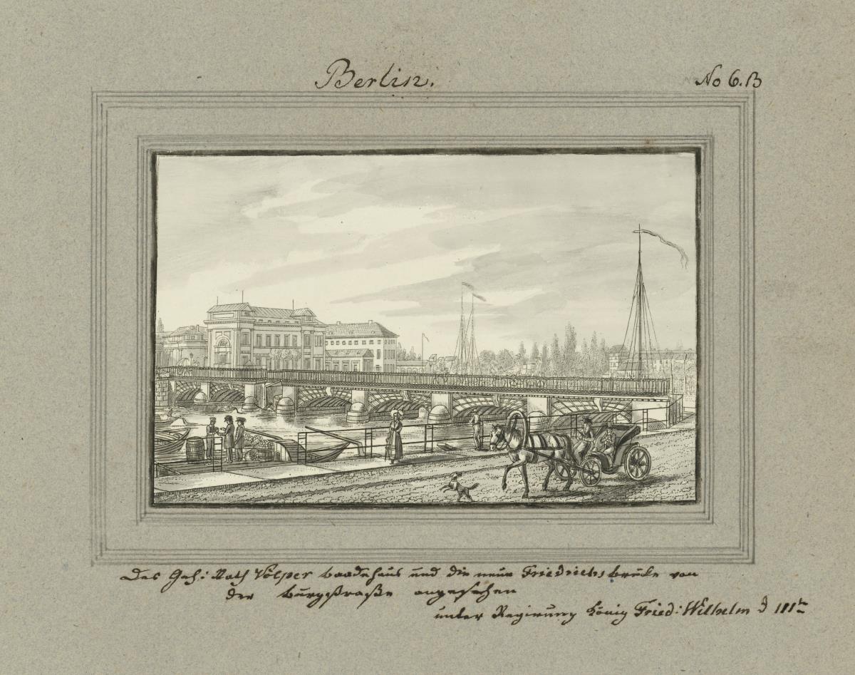 Berlin. Des Geh. Rath Völper Baadehaus und die neue Friedrichsbrücke von der Burgstraße angesehen unter Regierung König Fried: Wilhelm d. II ten