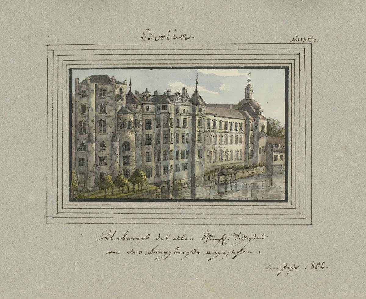 Berlin. Überrerst des alten Churfürsl: Schlosses von der Burgstraße angesehen im Jahr. 1802.