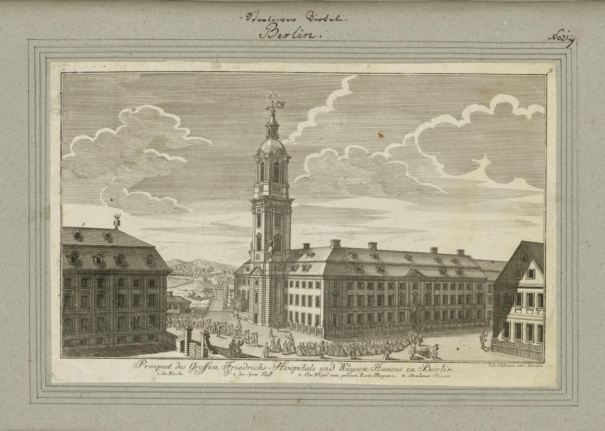 Berlin. Strahlower Virtel. Prospect des Grossen Friedrichs-Hospitals und Waysen-Hauses zu Berlin.