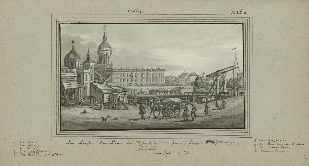 Cölln. Die Börse, der Dom, das Schloss, und der Paradeplatz und die Pommerranzenbrükke. Im Jahr 1777.