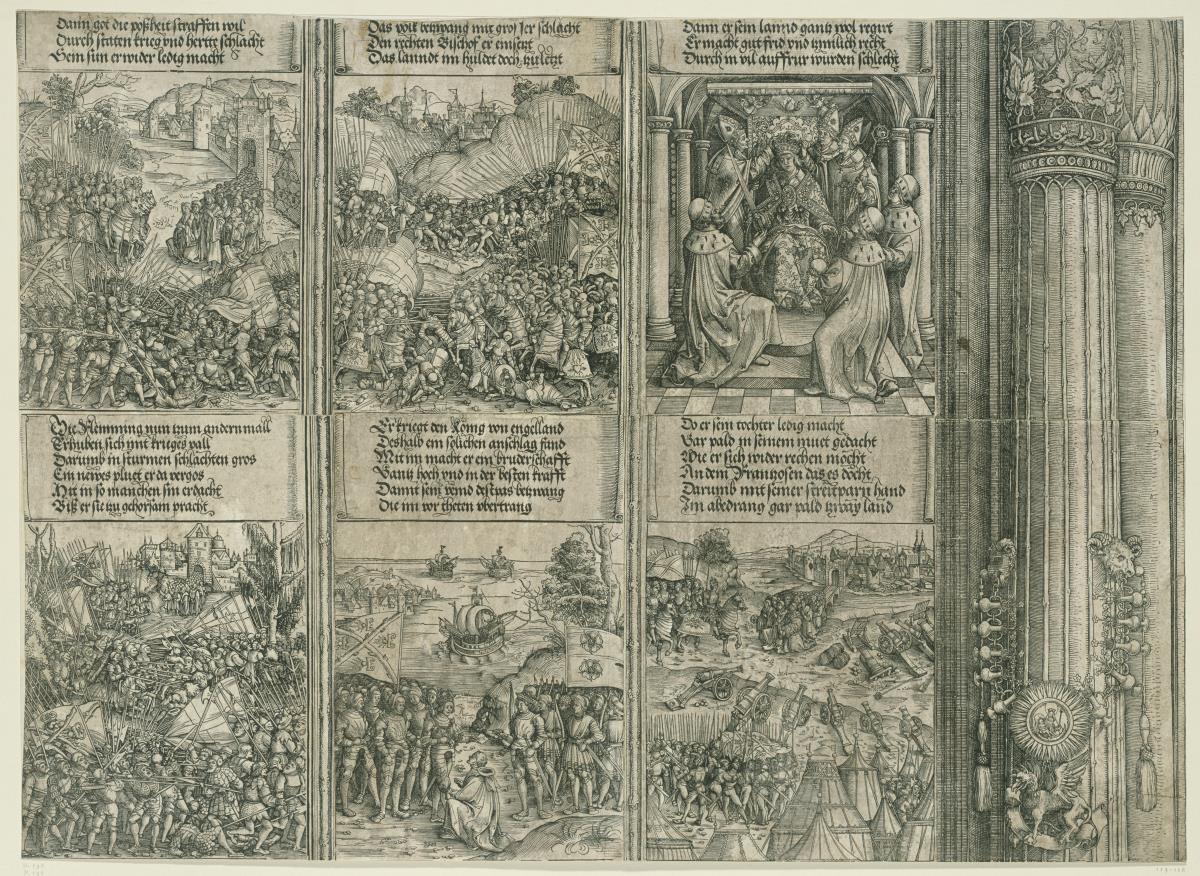 Der Triumphbogen des Kaisers Maximilian I. (12): Die sechs unteren historischen Szenen über dem linken Portal samt des Säulenschafts der linken Mittelsäule