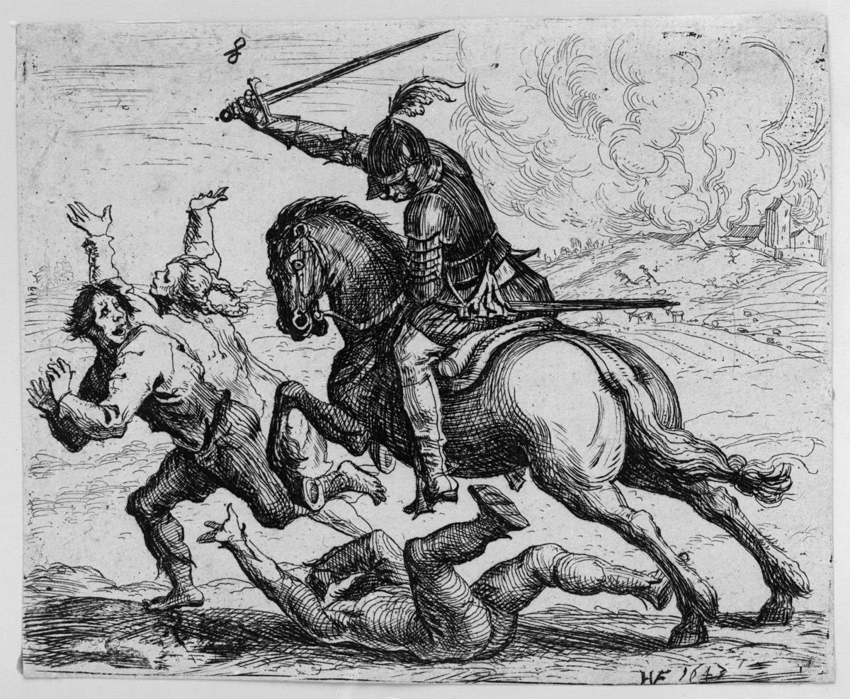 Drei vor einem geharnischten Reiter flüchtende Bauern. Aus: Schrecken des Dreißigjährigen Krieges