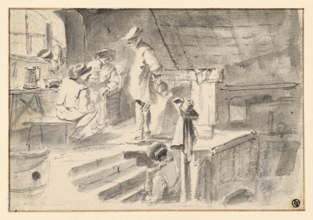 Empore eines Wirtshauses, auf der zwei Gäste mit dem Wirt reden
