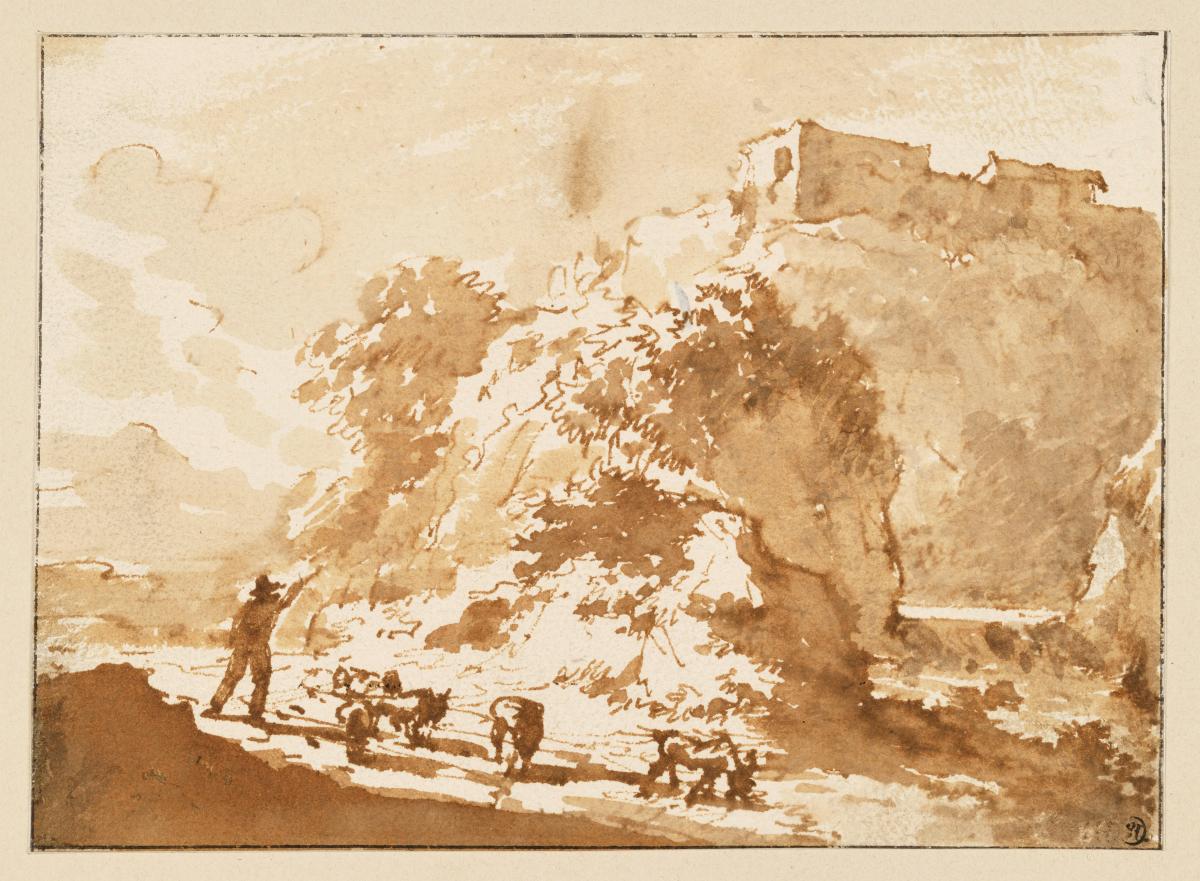 Hirt in italiensicher Landschaft mit Kastell auf einem Berg