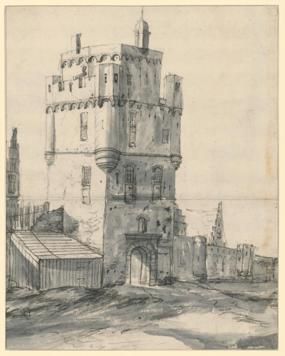 Torturm mit Ecktürmchen und Zinnen darüber, seitwärts anschließende Stadtmauer