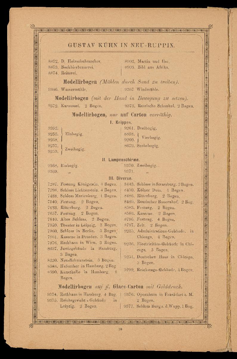 Verzeichnis der hauptsächlichsten Artikel aus den Fabriken von Gustav Kühn, Neuruppin, erste und älteste Fabrik der Neuruppiner Bilderbogen und Bilderbücher