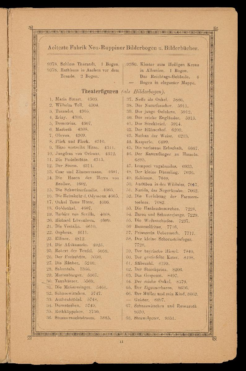 Verzeichnis der hauptsächlichsten Artikel aus den Fabriken von Gustav Kühn, Neuruppin, erste und älteste Fabrik der Neuruppiner Bilderbogen und Bilderbücher
