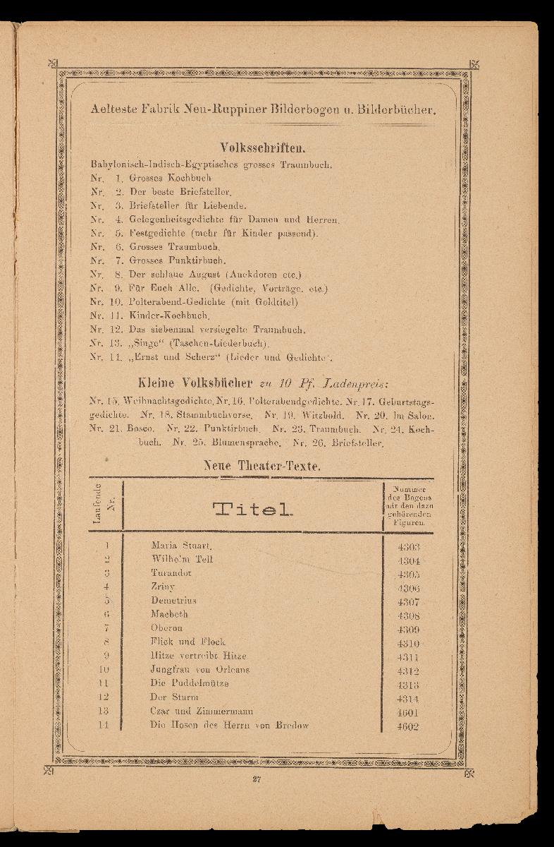 Verzeichnis der hauptsächlichsten Artikel aus den Fabriken von Gustav Kühn, Neuruppin, erste und älteste Fabrik der Neuruppiner Bilderbogen und Bilderbücher