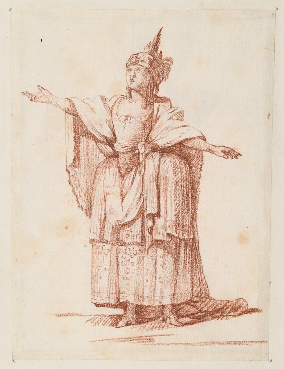 Theaterfigurine, Fantasiekostüm: Frau in Theaterkostüm mit Paniers