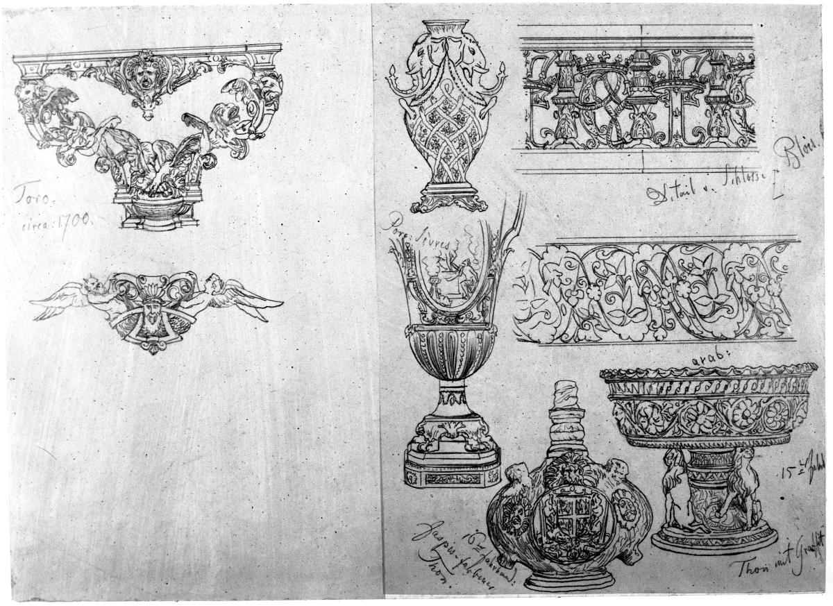 Ornamente einer Sèvres Vase und Details aus dem Schloss Blois, Schale, Flasche