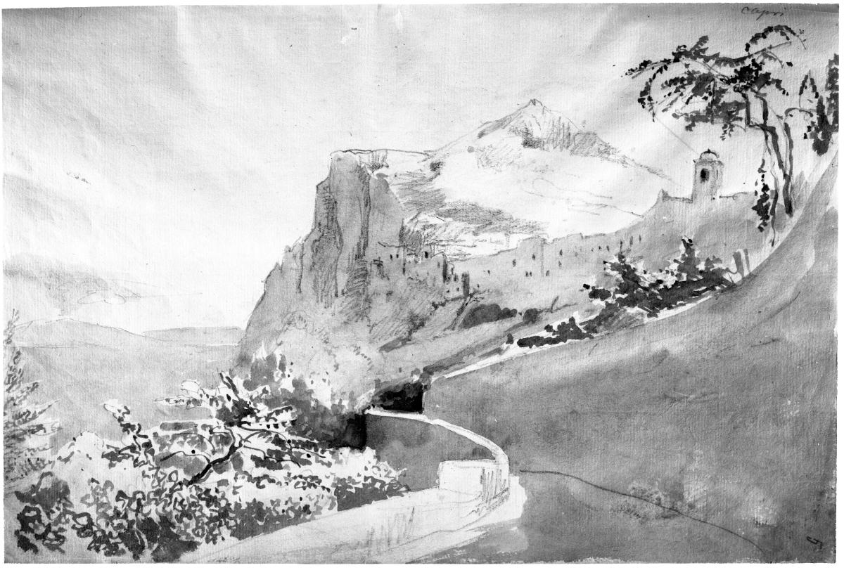 Der Tiberiusfelsen auf Capri, vorn die Straße zur Marina grande