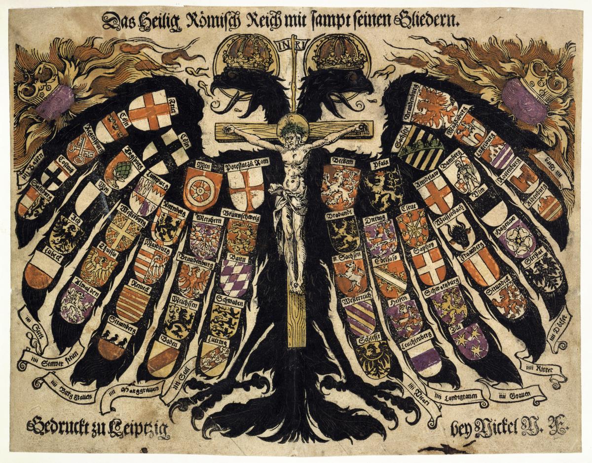 Der kaiserliche Doppeladler mit den Wappen der Städte und Fürstentümer des Heiligen Römischen Reiches