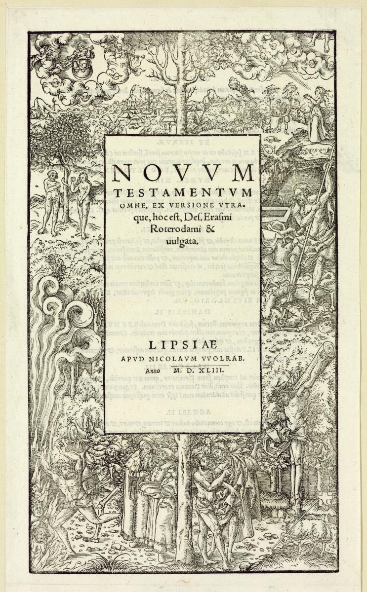 Titelrahmen mit den biblischen Szenen vom Sündenfall und der Erlösung
