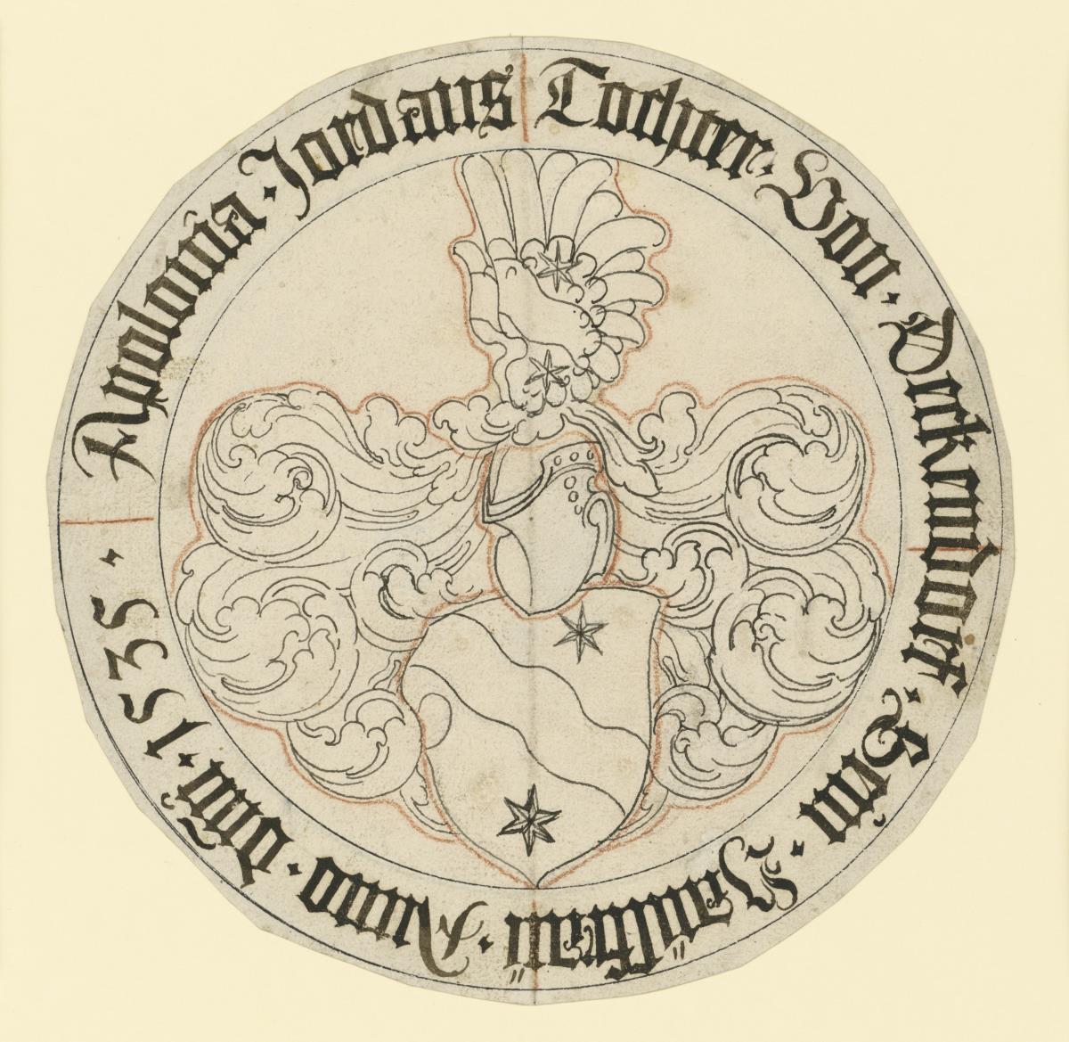 Runde Wappentafel mit zwei Sternen und schräg gewelltem Streif auf dem Schild