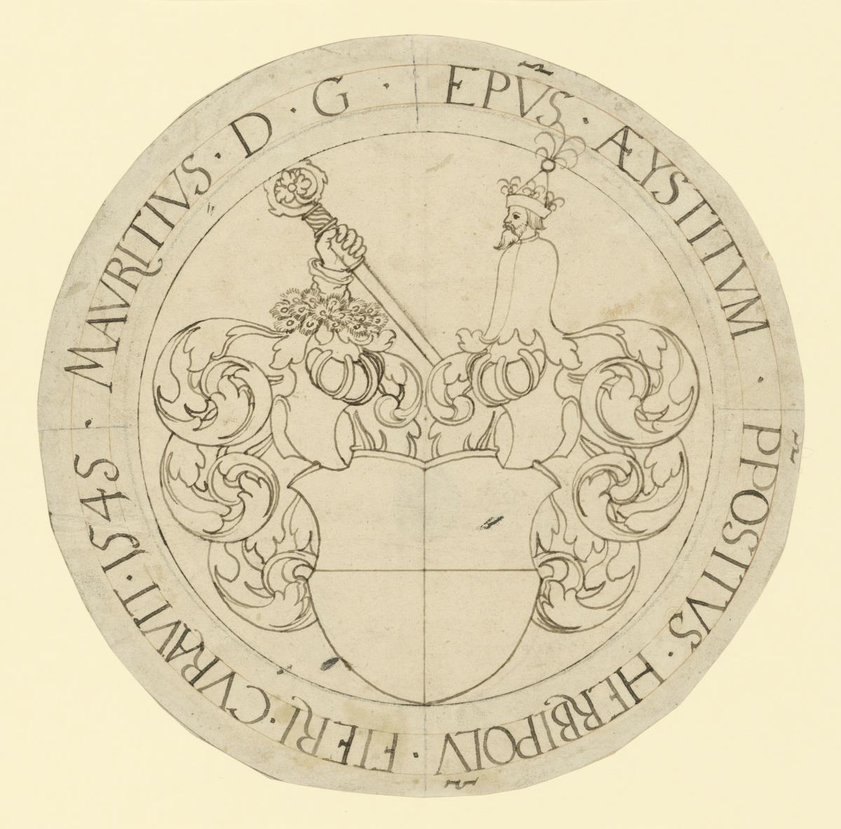 Wappen mit leerem Schild und zwei Helmen, auf welchen die Halbfigur eines Mannes und eine Hand mit Bischofsstab