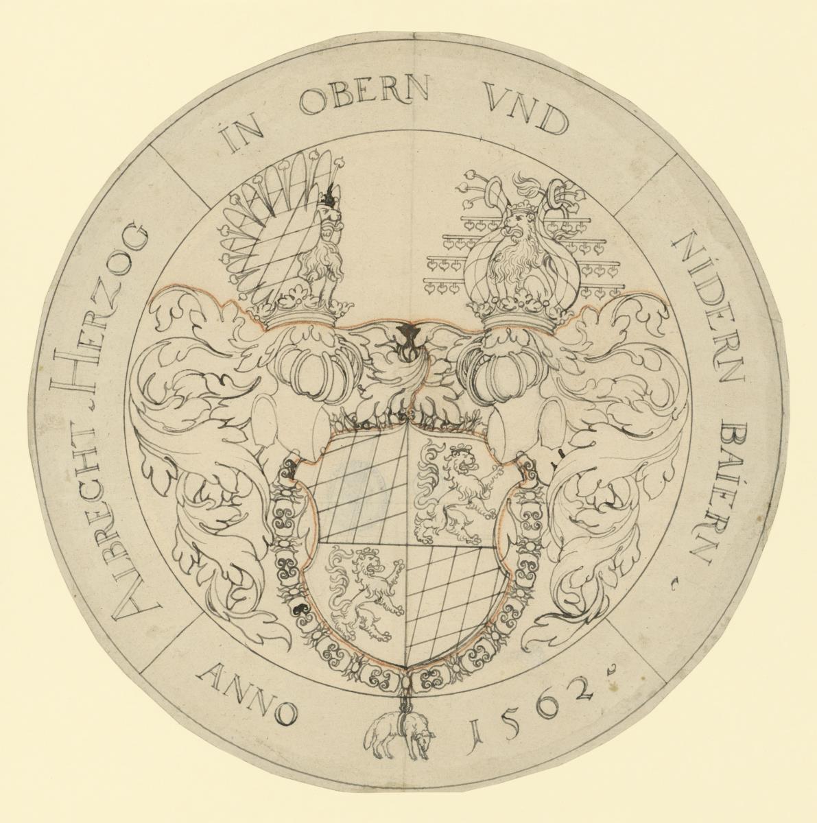 Runde Wappenscheibe mit dem bayerischen Herzogswappen und zwei Löwen als Helmzier