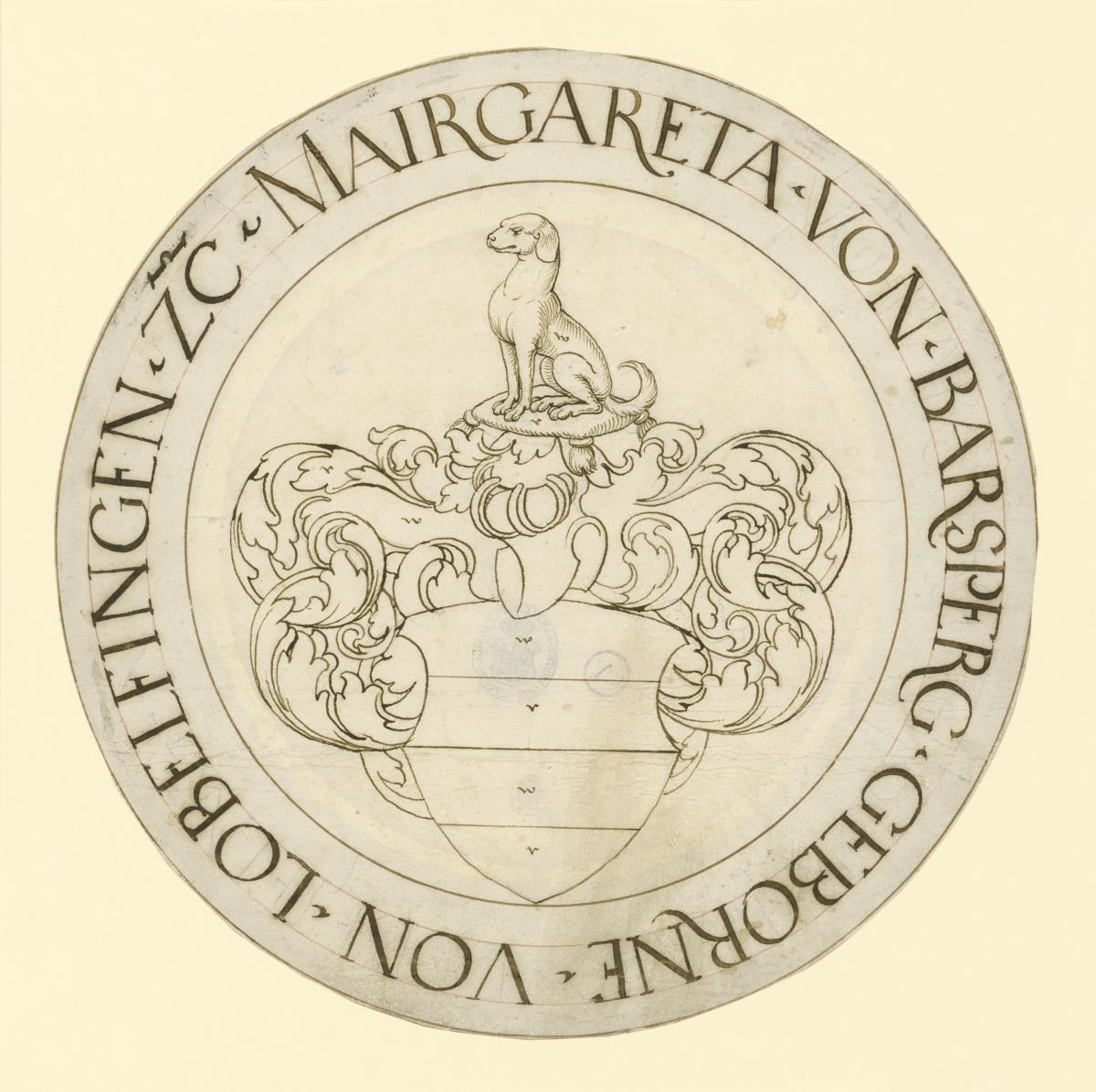 Runde Wappenscheibe, Schild in vier Querfelder zerlegt, auf dem Helm ein sitzender Hund