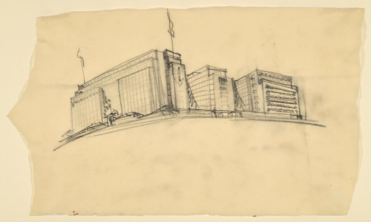 London, Wettbewerbsprojekt. St. George`s Hospital, Hyde Park Corner. Skizze - Entwurfsperspektive von Knightsbridge aus