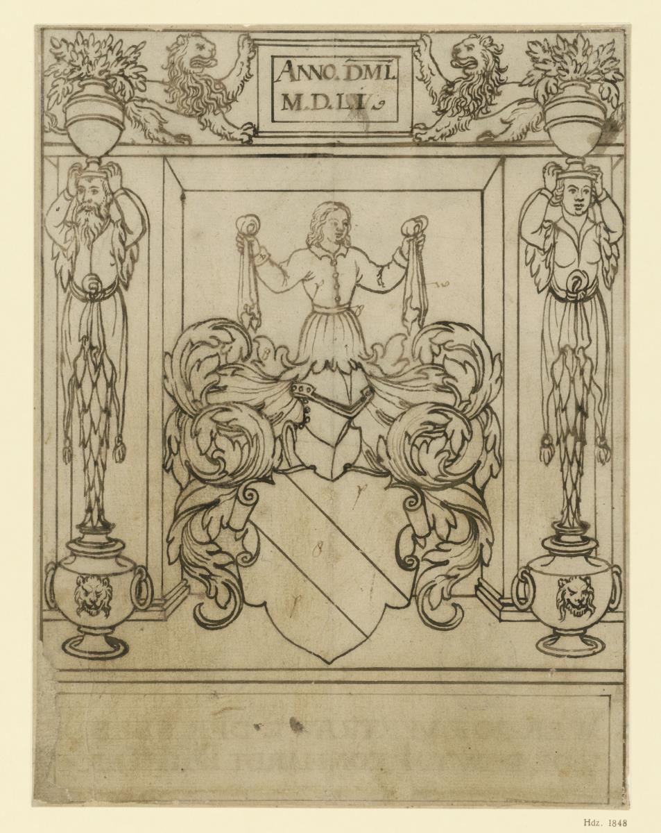 Wappen mit schrägem Streif und Halbfigur auf dem Helm