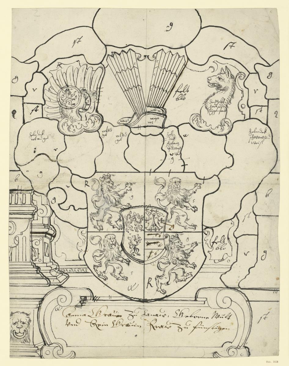 Großes Wappen, geviertet mit vier Löwen und Mittelschild