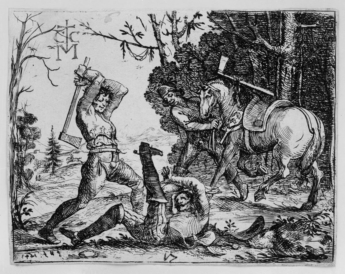 Zwei Bauern überfallen und erschlagen einen versprengten Reiter und stehlen dessen Pferd. Aus: Schrecken des Dreißigjährigen Krieges