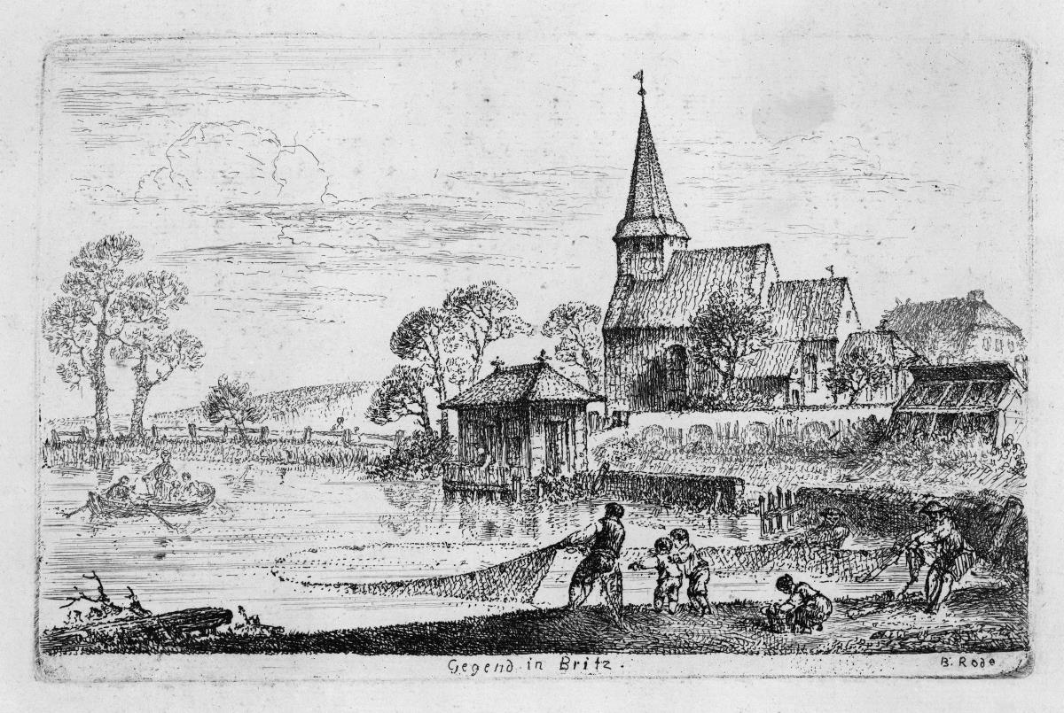 Dorfteich mit Kirche und Fischern in Britz