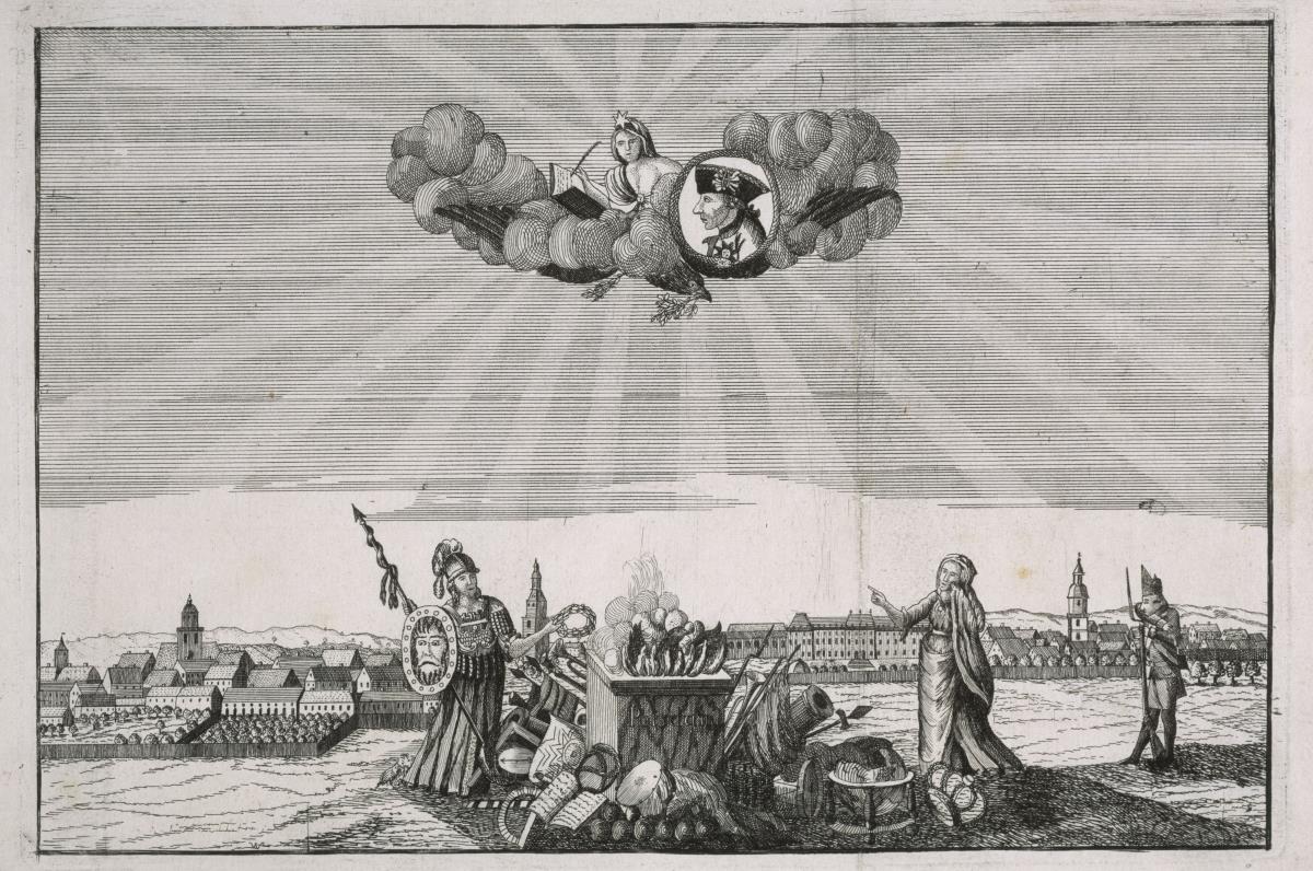 Allegorische Darstellung auf den Tod Friedrichs II. und Ansicht von Potsdam von Süden