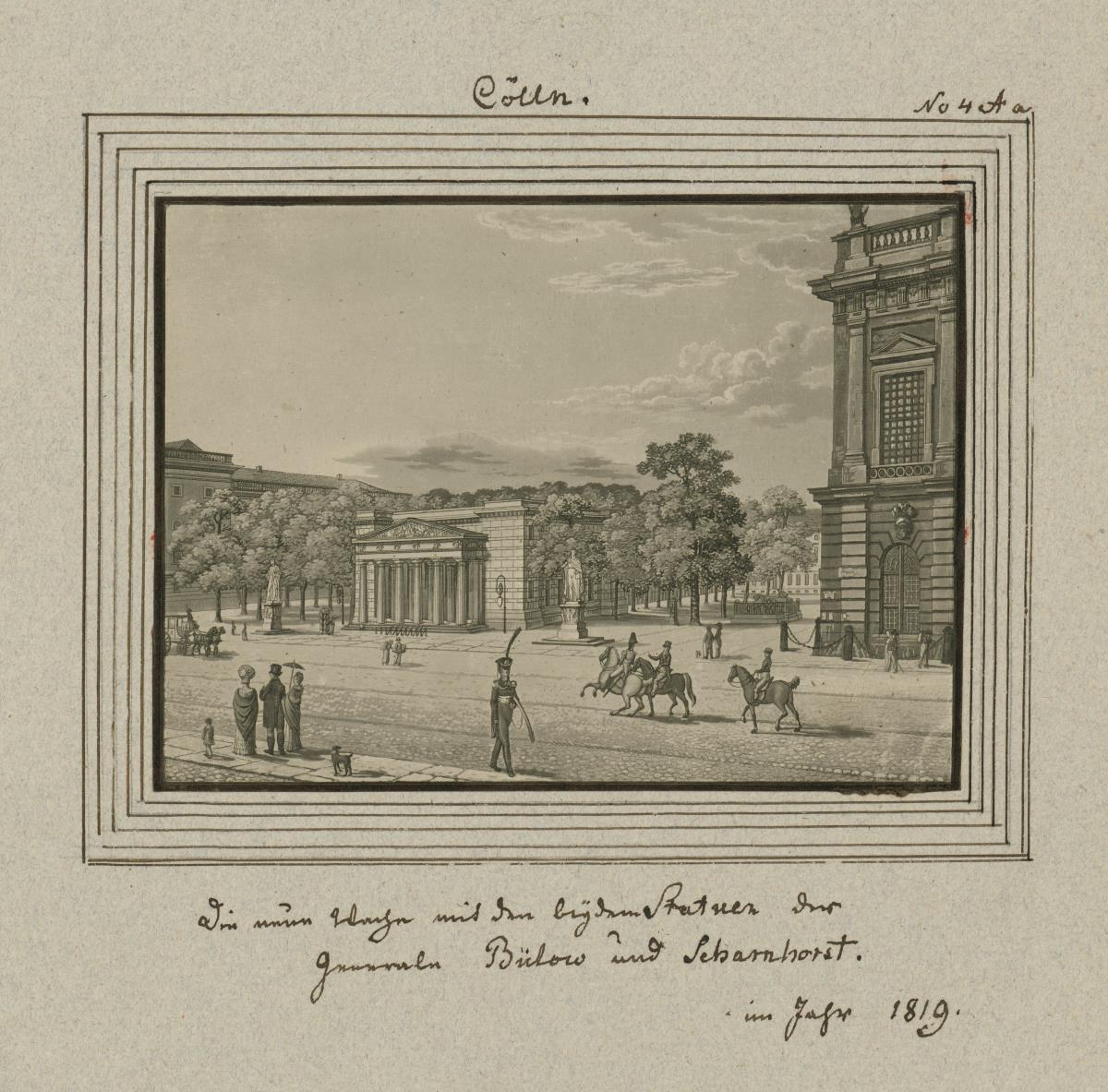 Cölln. Die neue Wache mit den beiden Statuen der Generale Bülow und Scharnhorst. im Jahr 1819.