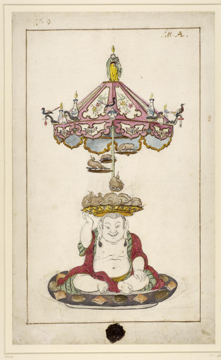 Ein auf flacher Schale sitzender Buddha mit Pagode