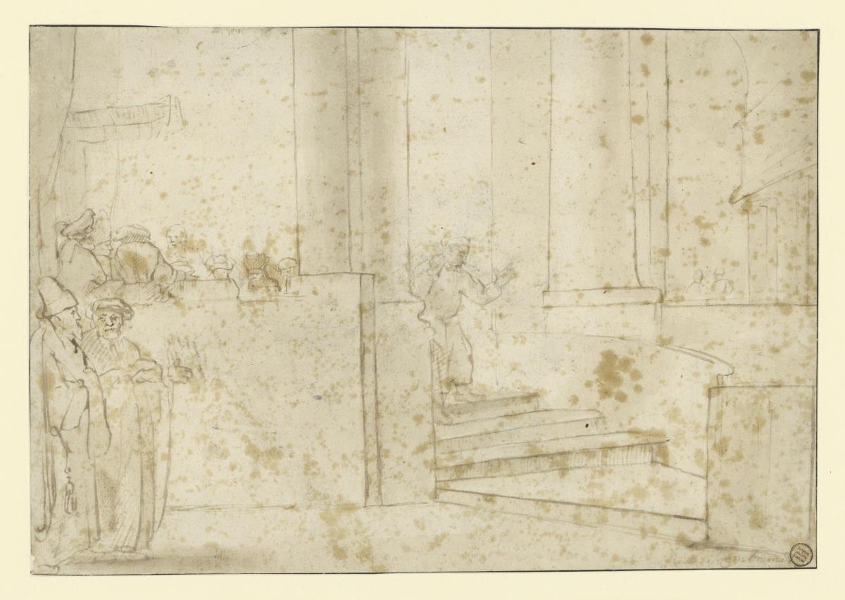 Judas, die Ältesten verlassend, er steigt in reuiger Haltung die Tempeltreppe herab, links, hinter der Treppenmauer, die Ältesten hinter einem Baldachin versammelt.