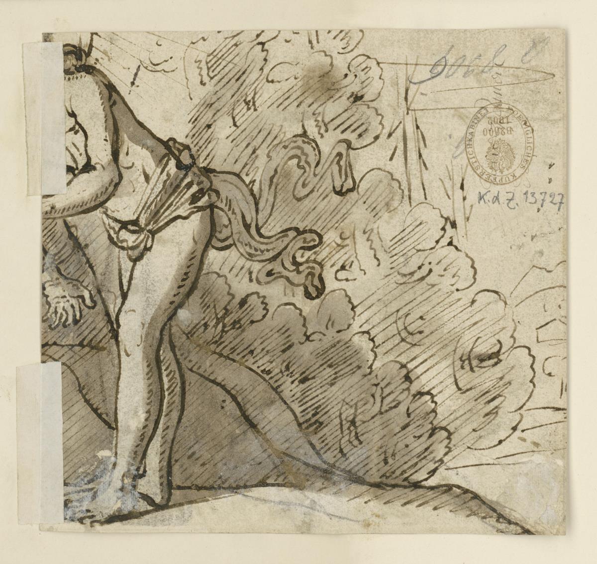 Sich vorbeugende, nackte männliche Figur in Landschaft