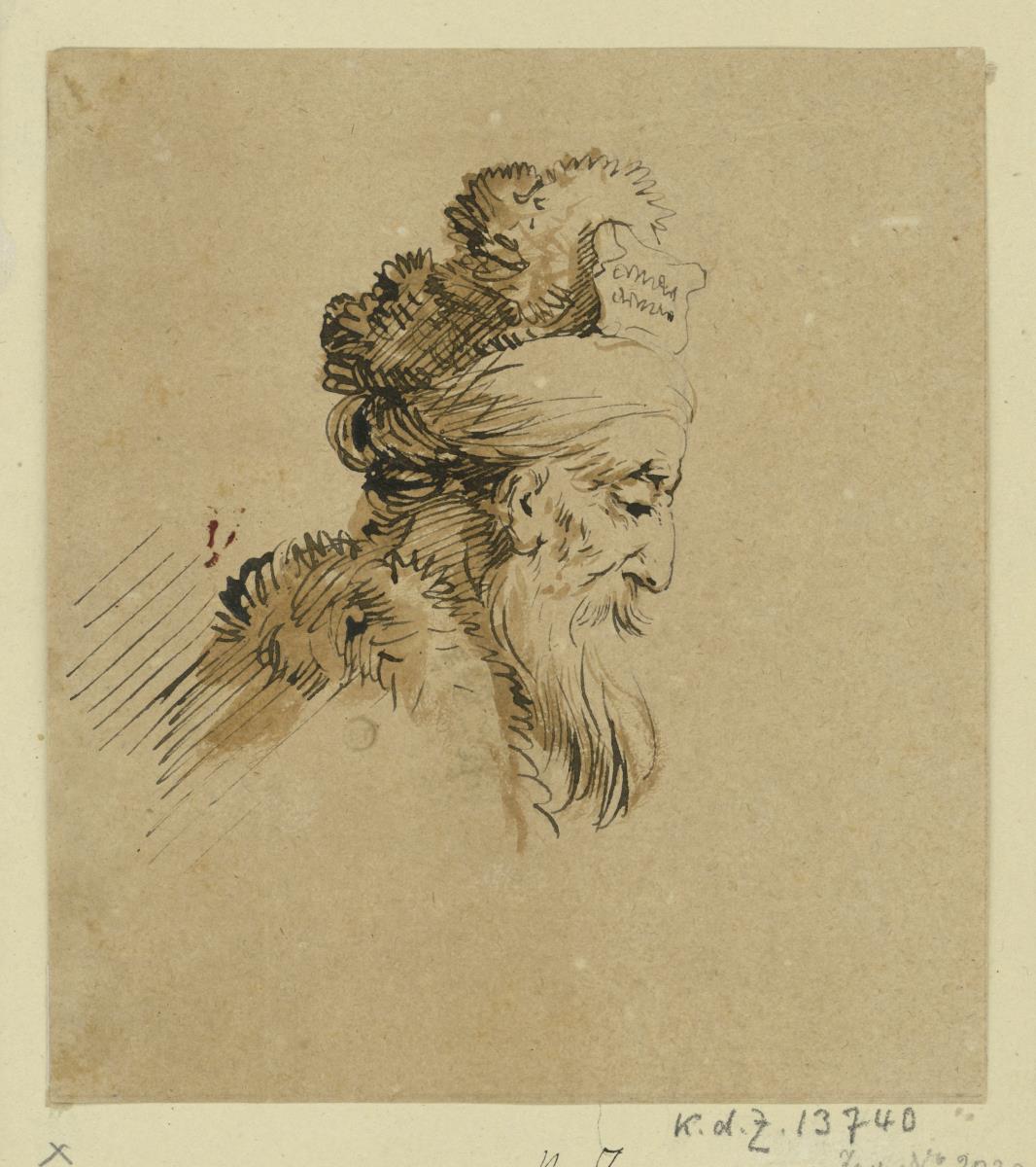 Kopf eines alten Mannes mit Turban, nach rechts im Profil