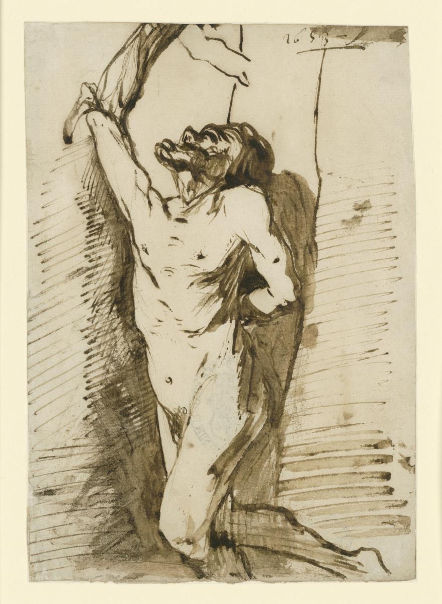 Marsyas (?), ein nackter Mann ist an einen Baum gebunden, von dem hochgebundenen rechten Arm hängt die geschundene Haut herunter