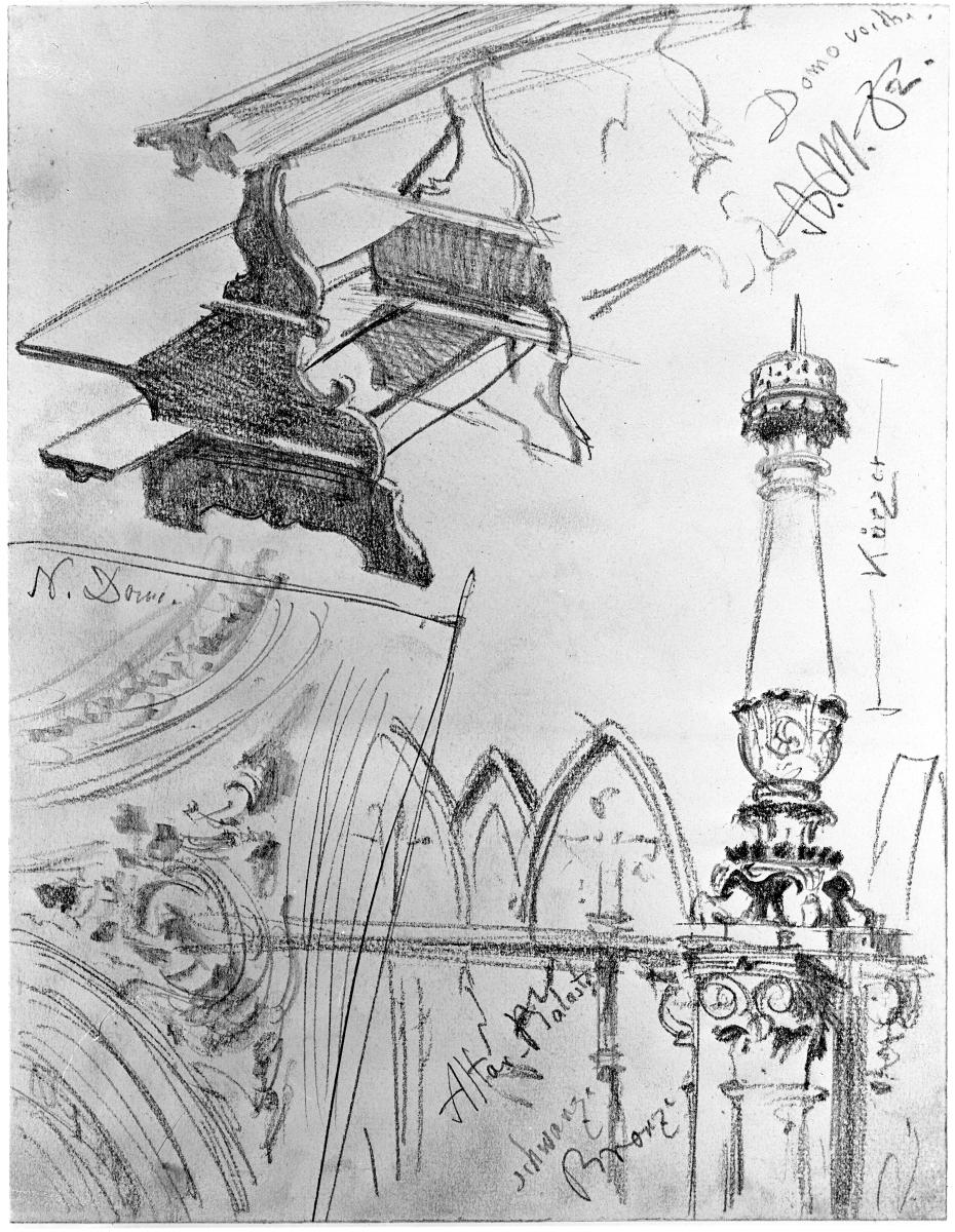 Holzbank, Architekturdetails, Kandelaber aus altem und neuem Dom in Brescia