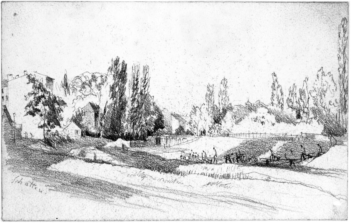 Landschaft mit Häusern, Bäumen und Böschung