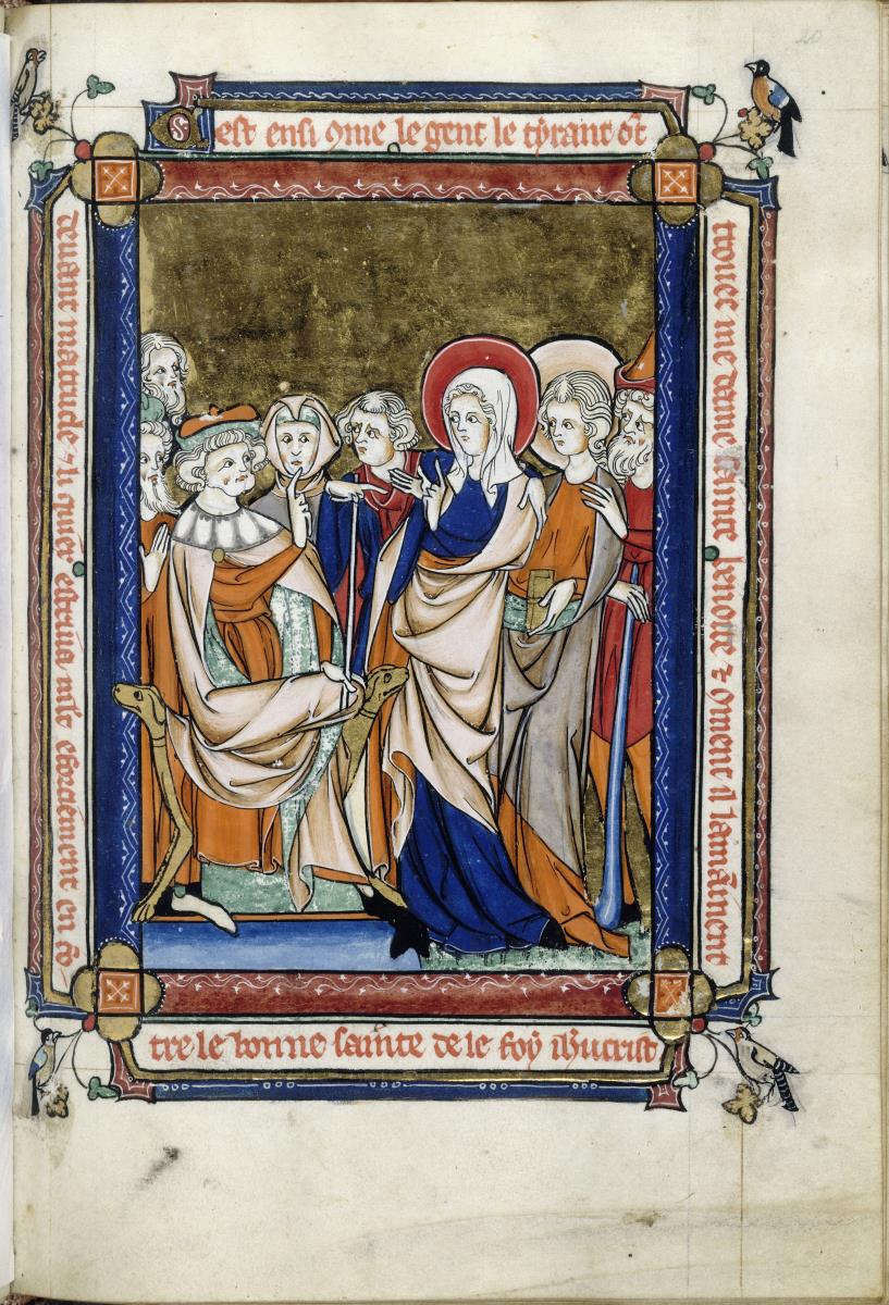 Vie de Sainte Benoîte d'Origny. Die Hl. Benedikta steht disputierend vor dem Tyrannen Matroclus