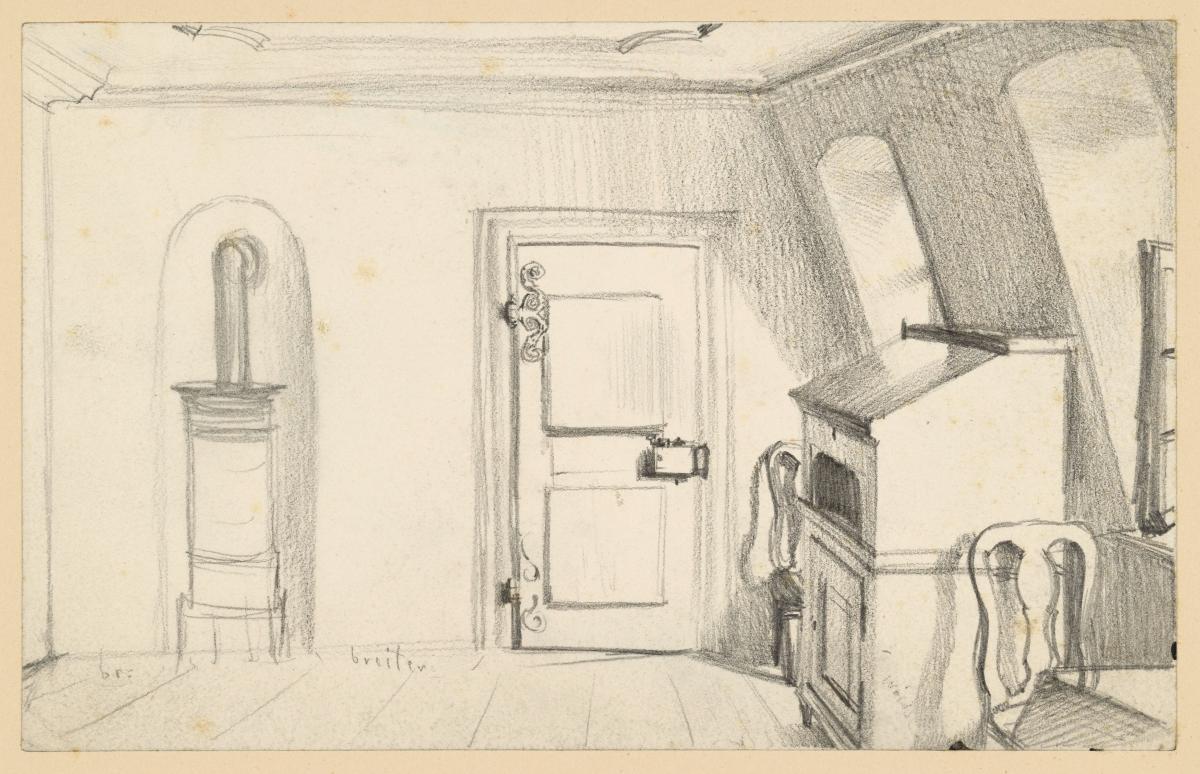 Dachzimmer mit Ofen, Tür, Schreibschrank und Stühlen im Goethehaus in Frankfurt am Main
